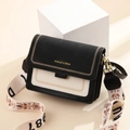 Elegant color-block small square bag with printed wide strap and gold hardware accents - Black