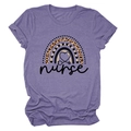 Purple short sleeve nurse T-shirt featuring rainbow leopard print heart and stethoscope - Purple (Black Text)