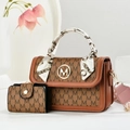 Detail of printed crossbody bag with silk scarf handle and matching small wallet - Earthy Yellow