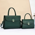 Deep green striped leather handbag set with metal lock and adjustable shoulder strap - Green