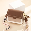 Brown and beige patchwork square crossbody bag with wide patterned strap and gold hardware - Coffee