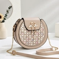 Beige mini round crossbody bag featuring gold swan heart buckle and pearl charm - 18cmx17cmx9cm / Khaki