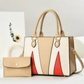 Women's minimalist color-block tote bag set with red accents and textured leather finish - Khaki