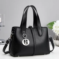 Minimalist black faux leather handbag with silver hardware and detachable crossbody strap - Black (A96254)