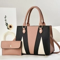 Detail of color-block tote set with envelope pouch in textured faux leather and gold hardware - Pink