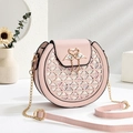 Pink round crossbody bag with triangle cutouts and golden swan heart buckle detail - 18cmx17cmx9cm / Pink
