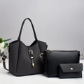 Three-piece black luxury tote bag set with golden hardware and woven texture - Black