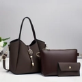 Detailed view of 3-piece dark brown handbag set with woven texture and gold hardware - Coffee