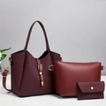 Three-piece burgundy handbag set with woven texture tote, matching clutch, and card holder - Burgundy