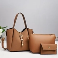 Three-piece caramel woven tote bag set with matching inner pouch and card holder - Earthy Yellow