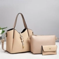 Detailed view of 3-piece beige tote bag set featuring woven fabric and smooth leather texture - Khaki