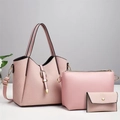 Three-piece pink tote bag set with woven texture and gold accents for women - Pink