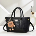 Black crocodile embossed tote bag with gold hardware and a cute plush bear charm - Black