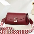 Burgundy litchi leather crossbody bag with golden square buckle and geometric jacquard strap - Burgundy