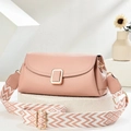 Detail of pink lychee leather bag with gold buckle and striped fabric shoulder strap - Pink