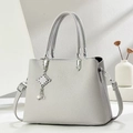 Light gray faux leather tote bag with FASHION & BAG lettering and pearl pendant - Gray