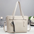 Retro cream white leather tote bag with woven pendant and adjustable shoulder strap - Off White