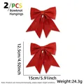 Detailed size view of red glitter Christmas bow ornaments 15cm wide for tree decor - 2 Pcs/Set / Red