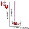 Macro detail of red heart wing pendant with size specs and purple bead chain necklace - Heart Wing