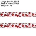 Detailed view of 6.3cm wide white burlap ribbon with red heart print and 5m length specs - 5M White Ribbon Red Heart