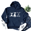Flat lay of dark blue hoodie featuring a white goat illustration and kangaroo pocket - Navy Blue