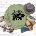 Detailed view of Grandma Bear print and bear silhouette on green long sleeve sweatshirt - S / Olive Green (Black Text)