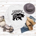 Flat lay of Grandma Bear printed white sweatshirt with autumn lifestyle accessories - S / White (Black Text)