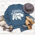 Navy Grandma Bear sweatshirt flat lay with autumn boots, hat and seasonal decor - S / Blue (White Text)