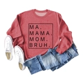 Flat lay of brick red sweatshirt featuring MA MAMA MOM BRUH slogan print and blue jeans - Brick Red (Black Font)