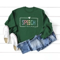 Flachbild eines grünen Langarm-Sweatshirts mit Speech therapy Druck auf weißem Holz - S / Dunkelgrün (Weißer Druck)