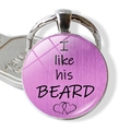 Macro shot of silver keychain with purple pendant printed with I like his BEARD text - Purple I like his BEARD (JY002320-14)
