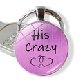 Detail of round keychain with His Crazy lettering and interlocking hearts over purple base - Purple His Crazy (JY002320-15)