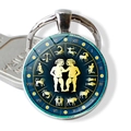 Macro shot of Gemini zodiac glass dome keychain with golden astrological map and months - Gemini