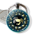 Detailed macro view of Scorpio zodiac glass cabochon pendant on a vintage silver keychain - Cancer