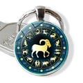Macro shot of silver zodiac keychain with detailed Aries pattern and golden glass cabochon - Capricorn