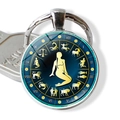 Detailed view of Virgo zodiac glass keychain with circular star chart and Roman numerals - Virgo