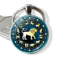 Detail of Leo zodiac glass keychain with golden lion design and roman numerals - Leo