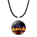 Detail of round Halloween pendant featuring glowing pumpkins on a black leather cord - Three Glowing Pumpkins Style (JY002481-7)