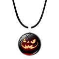 Macro detail of Halloween necklace featuring a glowing pumpkin glass pendant on leather cord - Pumpkin Firelight Style (JY002481-8)
