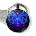 Porte-clés signe Bélier en métal argenté avec gemme ronde en verre néon bleu - Style Bélier (JY002316-1Aries)
