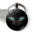Schwarze Katze Schlüsselanhänger mit blauen Augen und Glas-Cabochon für Taschen - Blauäugiges Schwarzes Katzenmuster (JY002349-1)