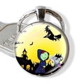 Detail of Halloween keychain with glass cabochon featuring witch and bat illustrations - Witch & Bat Silhouette (JY002534-4)