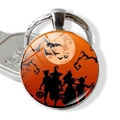 Halloween keychain with silver metal frame and round glass moon silhouette design - Mysterious Figures Under Moon (JY002534-11)