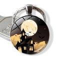Halloween keychain with silver metal frame and glass dome spooky house and moon pendant - Halloween Haunted House (JY002534-12)