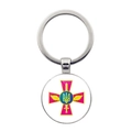 Detail of silver alloy keychain featuring circular Ukrainian trident and cross emblem - Pink Cross Wings Style (JY006299-10)