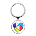 Detailed close-up of a silver keychain featuring a blue and yellow heart handshake pendant - Heart Handshake Style (JY006299-15)