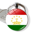 Detailed macro shot of Tajikistan flag glass cabochon keychain with silver metal frame - Tajikistan