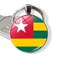 Round silver keychain featuring Togo flag design under glass dome with split ring - Togo