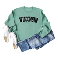 Flat lay of sage green Wisconsin sweatshirt with blue denim jeans and white canvas shoes - S / Light Green (Black Text)