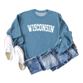 Detailed flat lay of a blue Wisconsin sweatshirt with white vintage lettering - S / Blue (White Font)